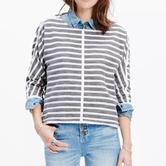 Madewell Tops - Madewell Striped Back-Zip Pullover Textured Gray Terry